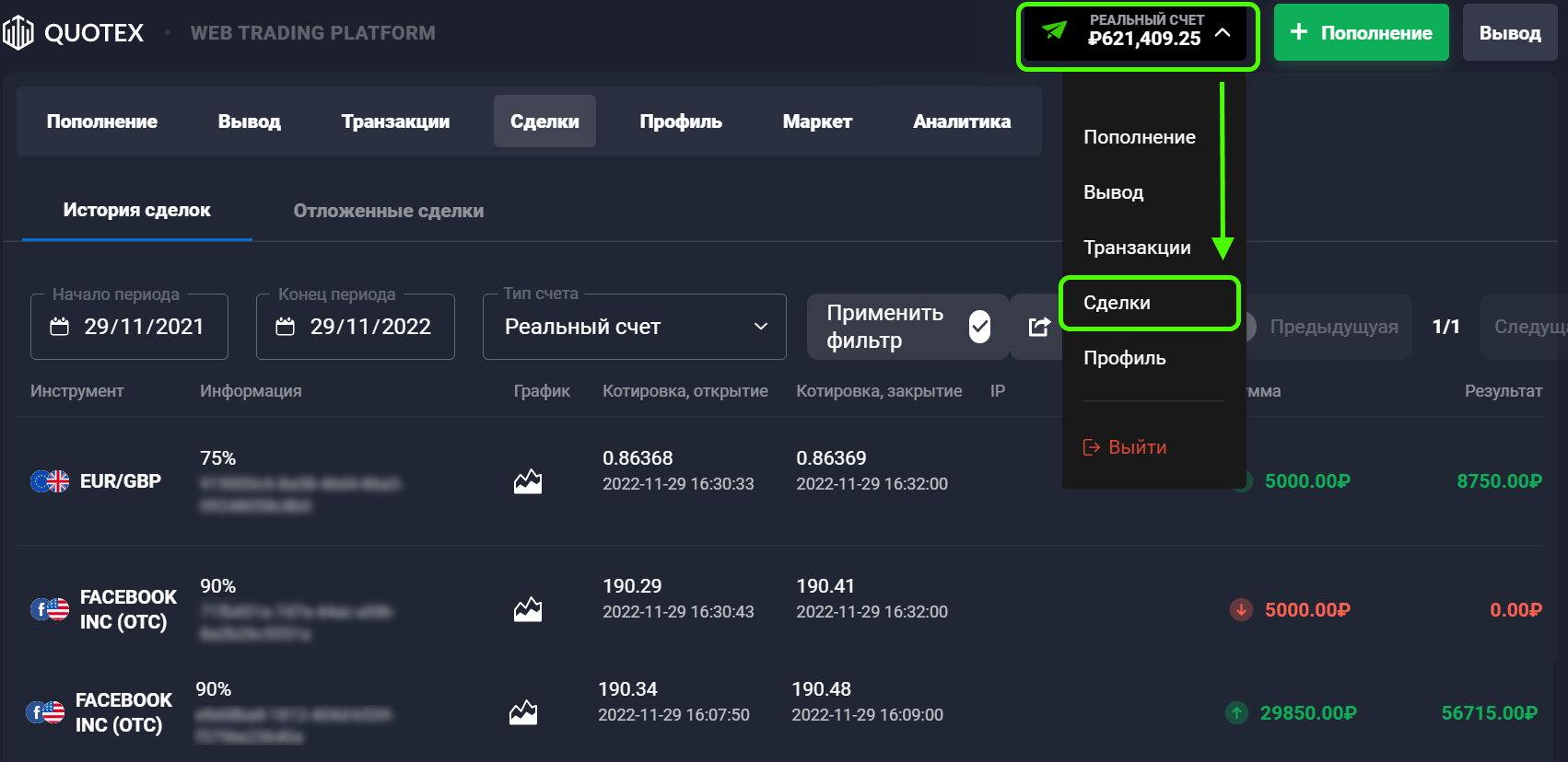 История закрытых сделок