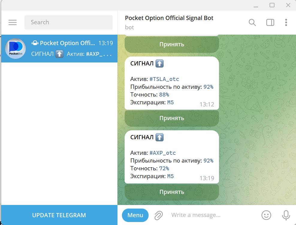 Сигналы от телеграмм бота Pocket Option