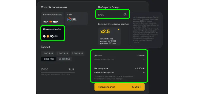 бонусы при пополнении счета на бинтрейд