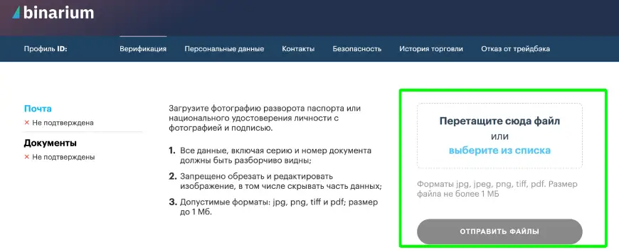 Вкладка верификация на бинариум